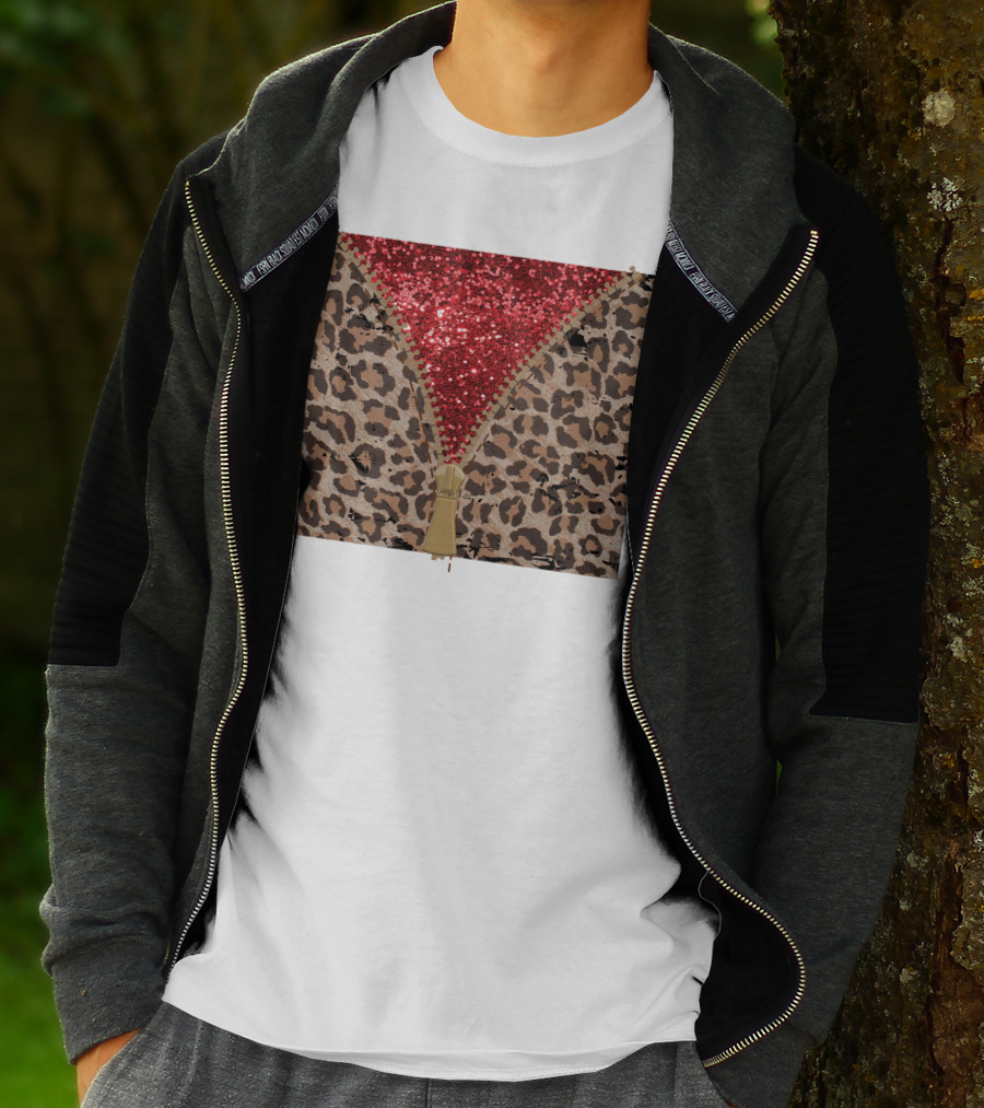 Red Faux Glitter Leopard Zipper Tumbler T-Shirt