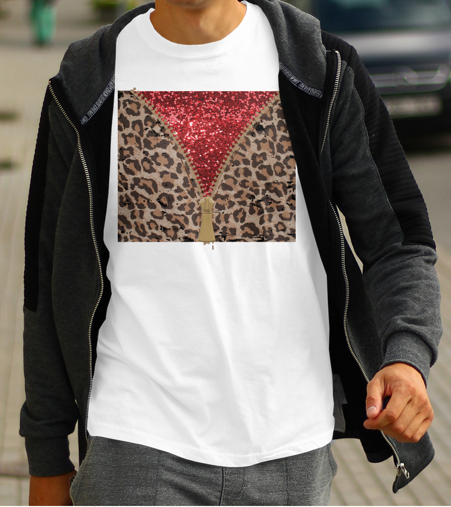Red Faux Glitter Leopard Zipper Tumbler T-Shirt