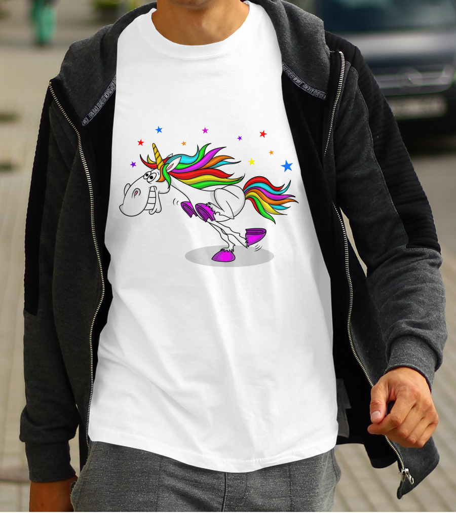 Awesome Unicorn Twinkles Rainbow Kicking Fun Stars Vibrant Mane T-Shirt