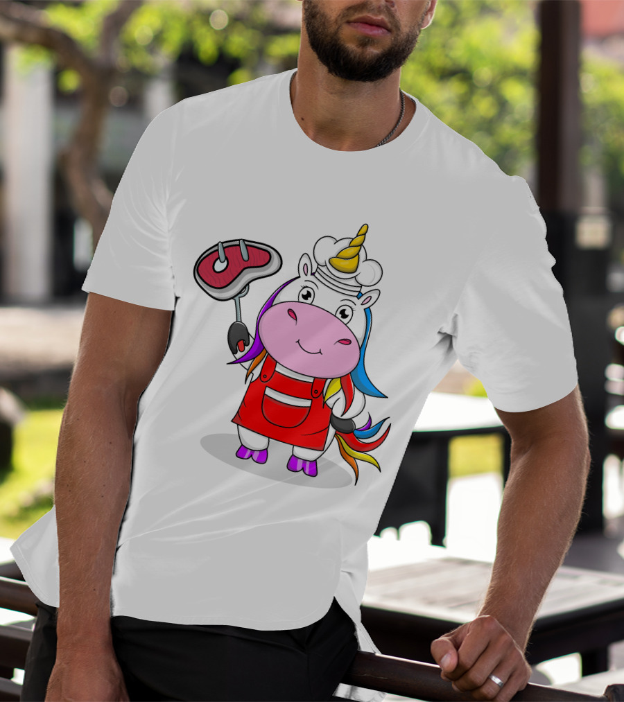 Barbecue Unicorn Chef With Rainbow Mane And Grilled Steak T-Shirt