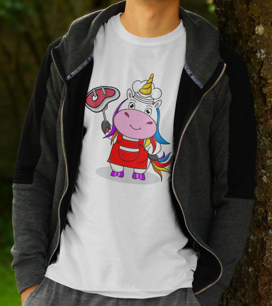 Barbecue Unicorn Chef With Rainbow Mane And Grilled Steak T-Shirt