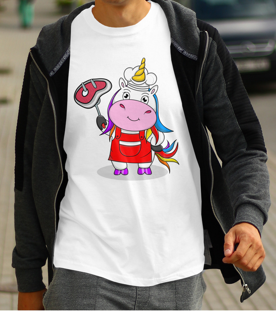 Barbecue Unicorn Chef With Rainbow Mane And Grilled Steak T-Shirt