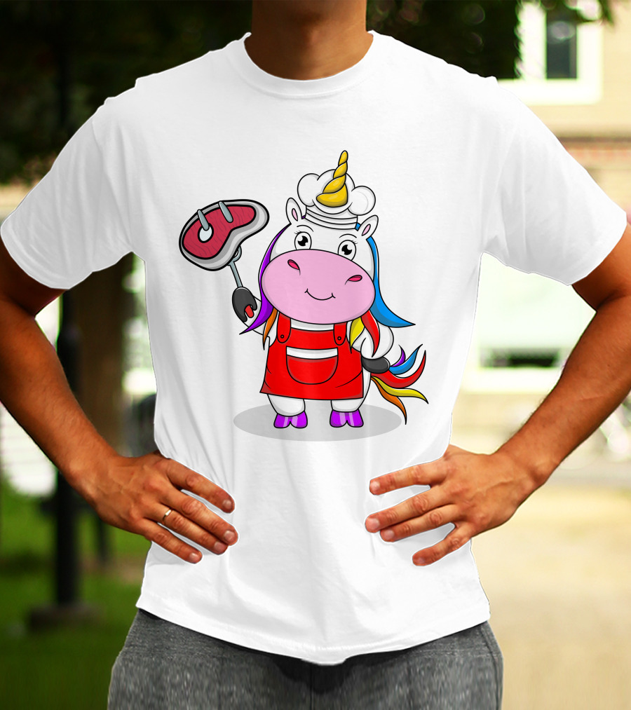 Barbecue Unicorn Chef With Rainbow Mane And Grilled Steak T-Shirt