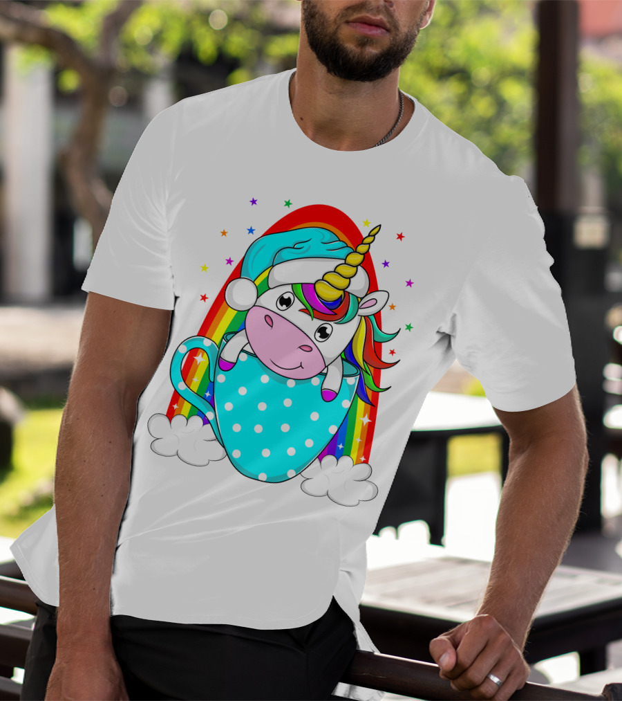 Christmas Unicorn In Cup Rainbow Santa Hat Stars T-Shirt
