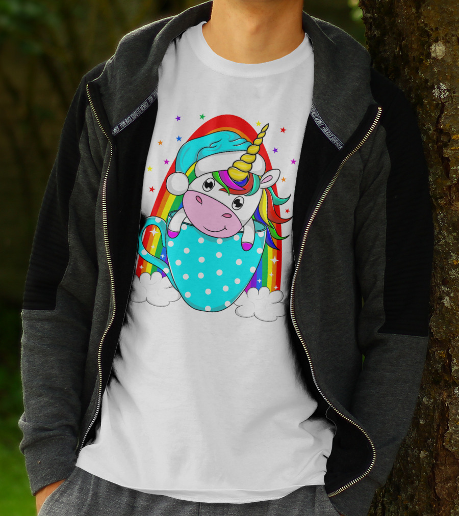 Christmas Unicorn In Cup Rainbow Santa Hat Stars T-Shirt