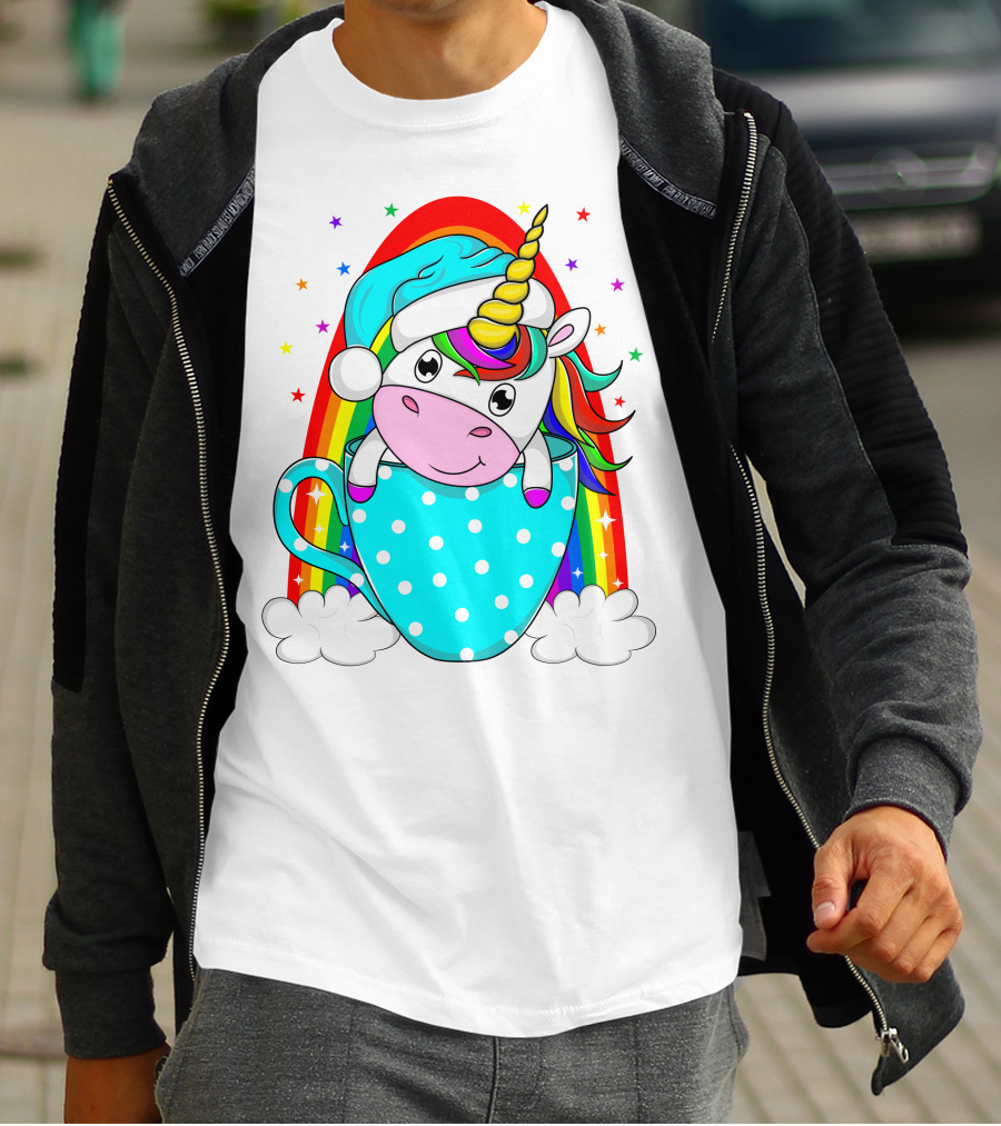 Christmas Unicorn In Cup Rainbow Santa Hat Stars T-Shirt