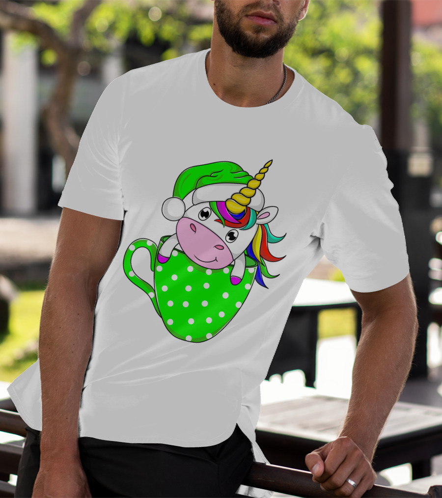 Funny Christmas Unicorn In Santa Hat With Green Polka Dot Cup T-Shirt