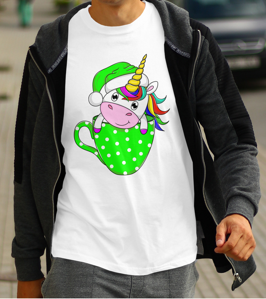 Funny Christmas Unicorn In Santa Hat With Green Polka Dot Cup T-Shirt