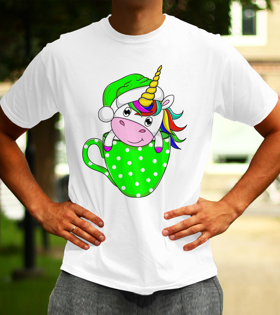 Funny Christmas Unicorn In Santa Hat With Green Polka Dot Cup T-Shirt