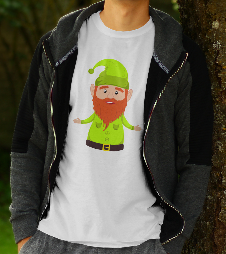 Gnome ELF Christmas Bright Green Hat Brown Belt Red Beard T-Shirt