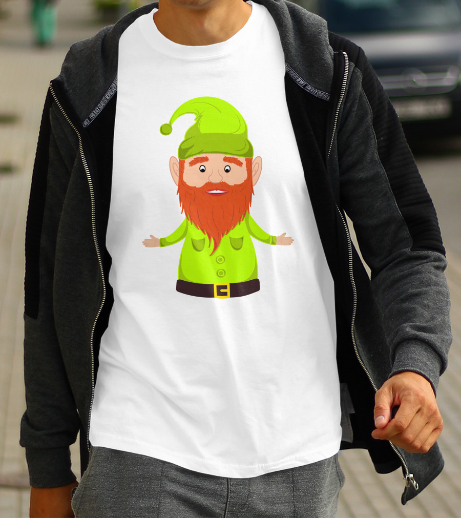 Gnome ELF Christmas Bright Green Hat Brown Belt Red Beard T-Shirt