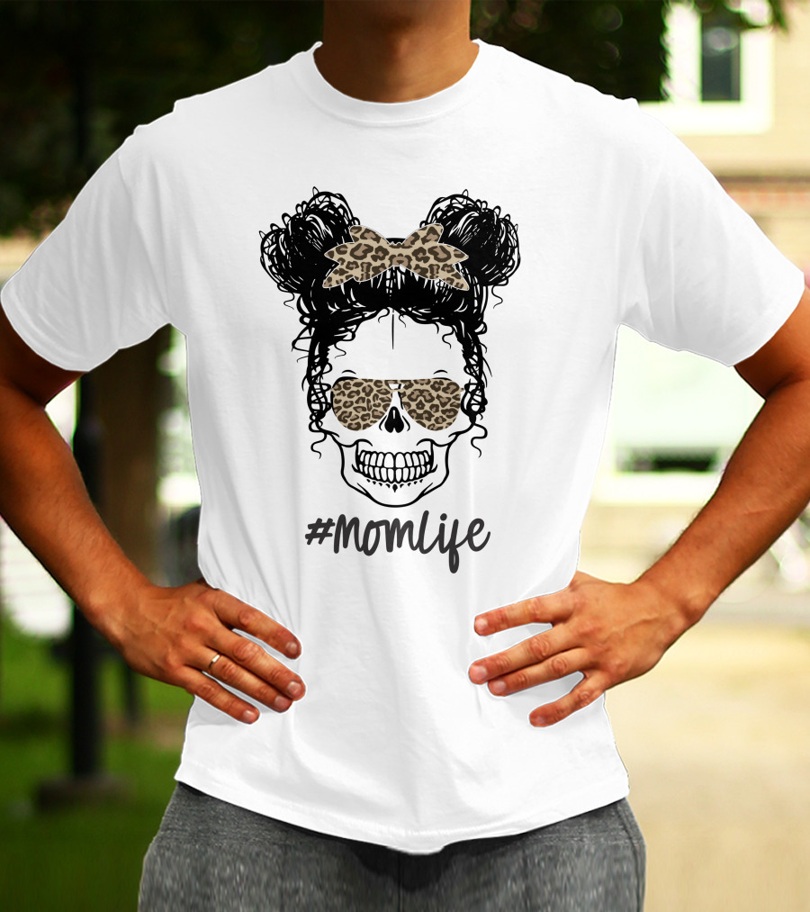 MomLife Messy Bun Skull Leopard Bow Sunglasses T-Shirt
