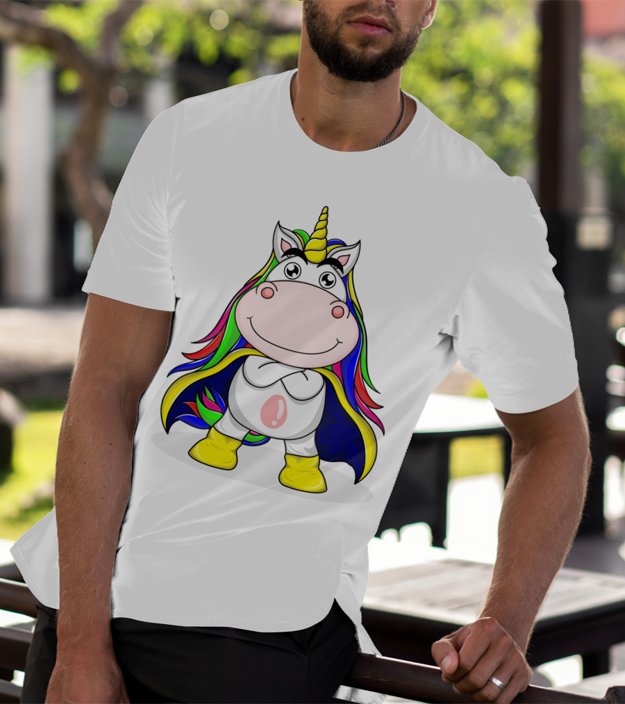 Superhero Unicorn With Rainbow Cape And Yellow Boots T-Shirt