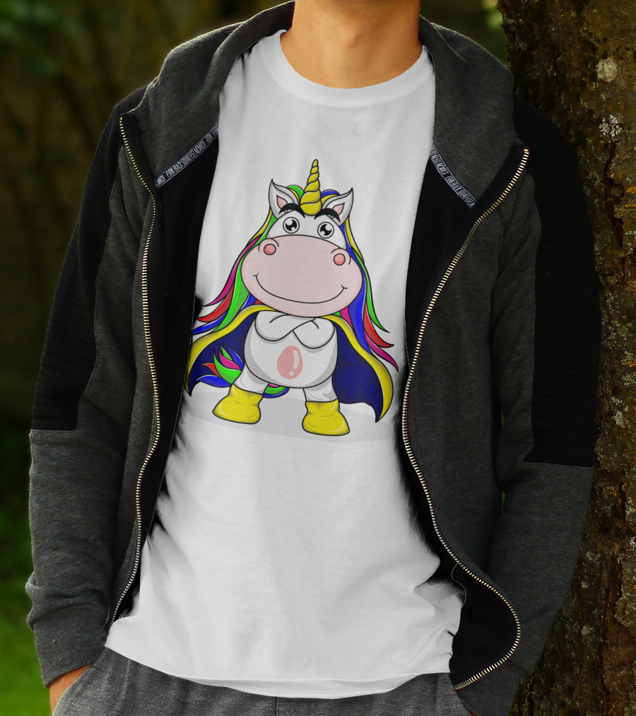 Superhero Unicorn With Rainbow Cape And Yellow Boots T-Shirt