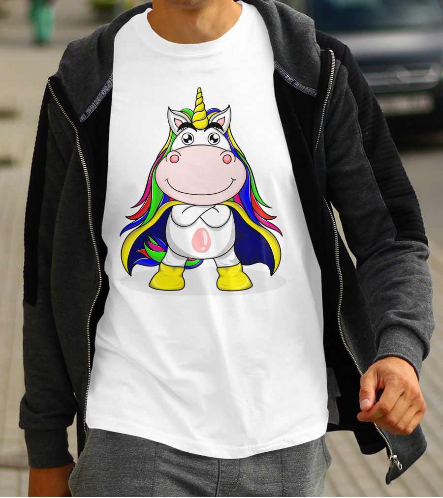 Superhero Unicorn With Rainbow Cape And Yellow Boots T-Shirt