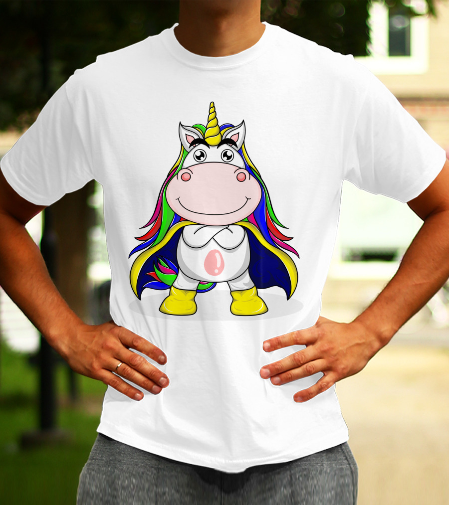 Superhero Unicorn With Rainbow Cape And Yellow Boots T-Shirt