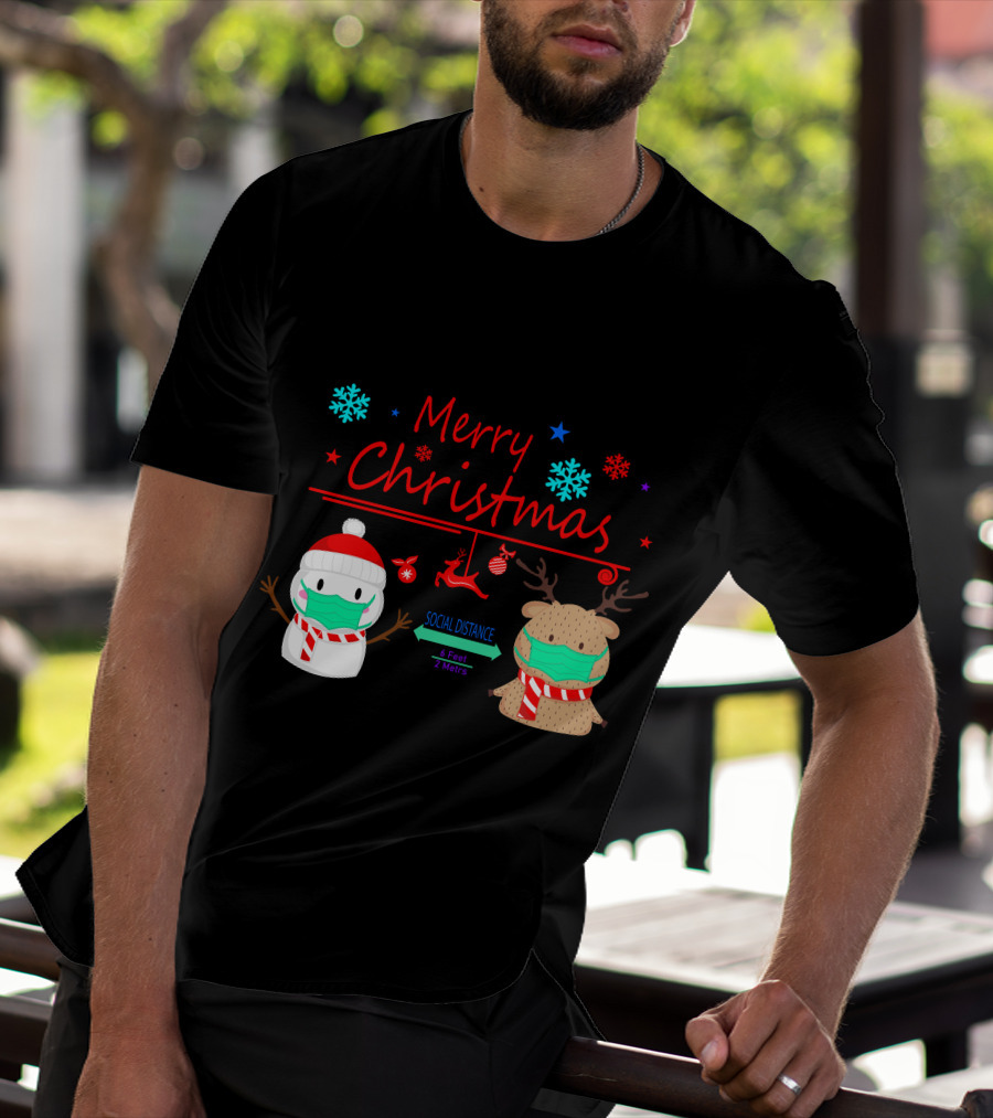 Merry Christmas Social Distance Snowman And Reindeer With Masks T-Shirt