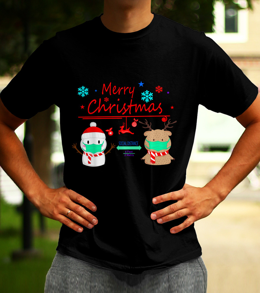 Merry Christmas Social Distance Snowman And Reindeer With Masks T-Shirt