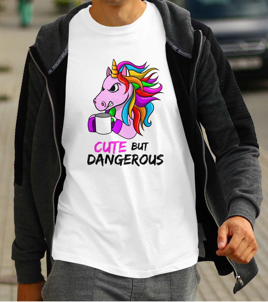 Cute But Dangerous Pink Unicorn With Rainbow Mane And Coffee Mug T-Shirt