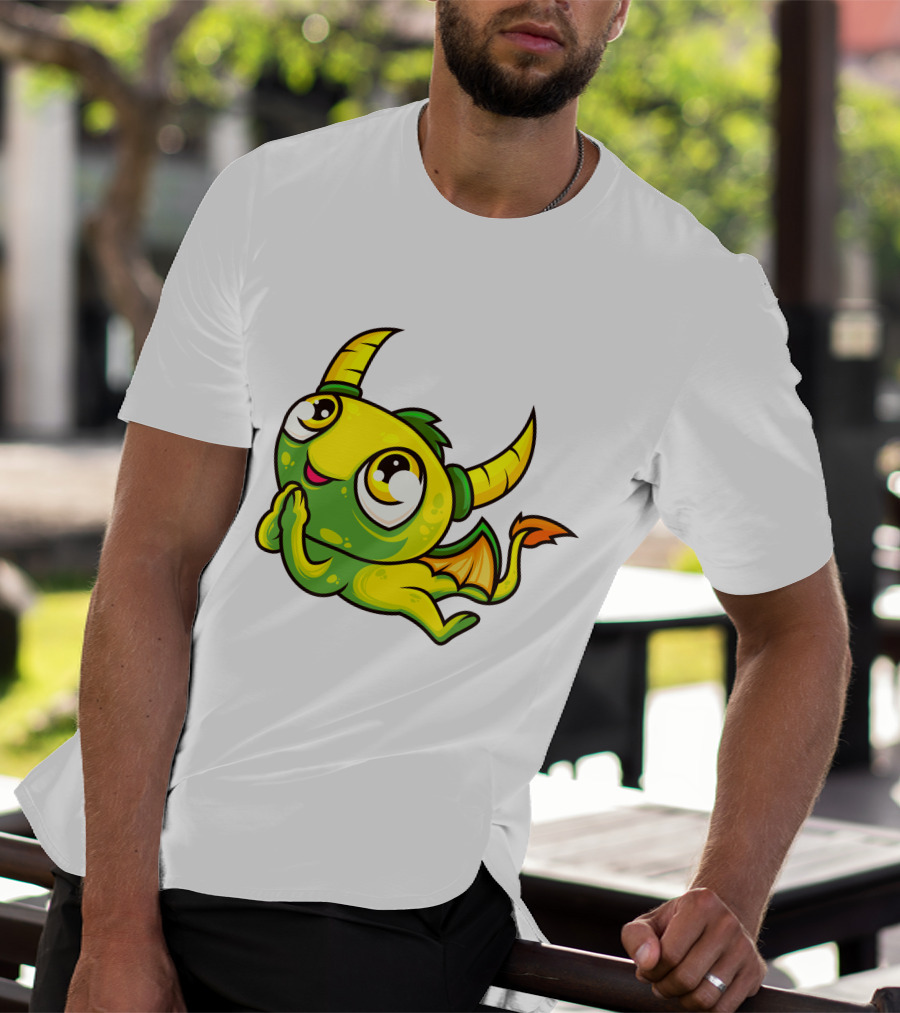 Cute Dragon Wishing Adorable Green And Yellow Horned Fantasy Character T-Shirt