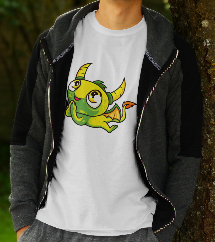 Cute Dragon Wishing Adorable Green And Yellow Horned Fantasy Character T-Shirt