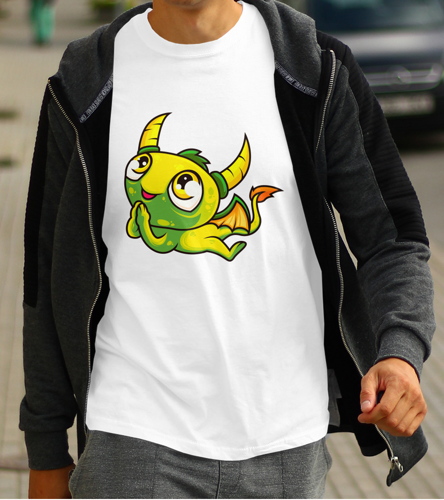 Cute Dragon Wishing Adorable Green And Yellow Horned Fantasy Character T-Shirt