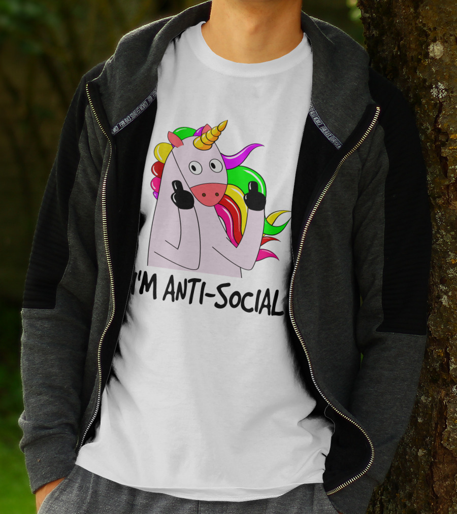 I'm Anti-Social Unicorn Colorful Rainbow Mane Black Gloves T-Shirt