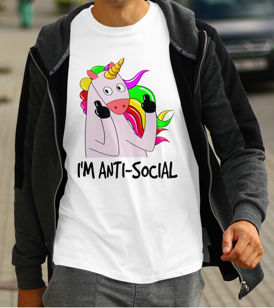 I'm Anti-Social Unicorn Colorful Rainbow Mane Black Gloves T-Shirt