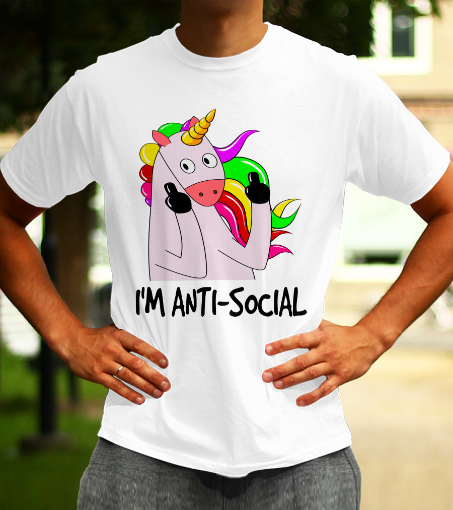 I'm Anti-Social Unicorn Colorful Rainbow Mane Black Gloves T-Shirt