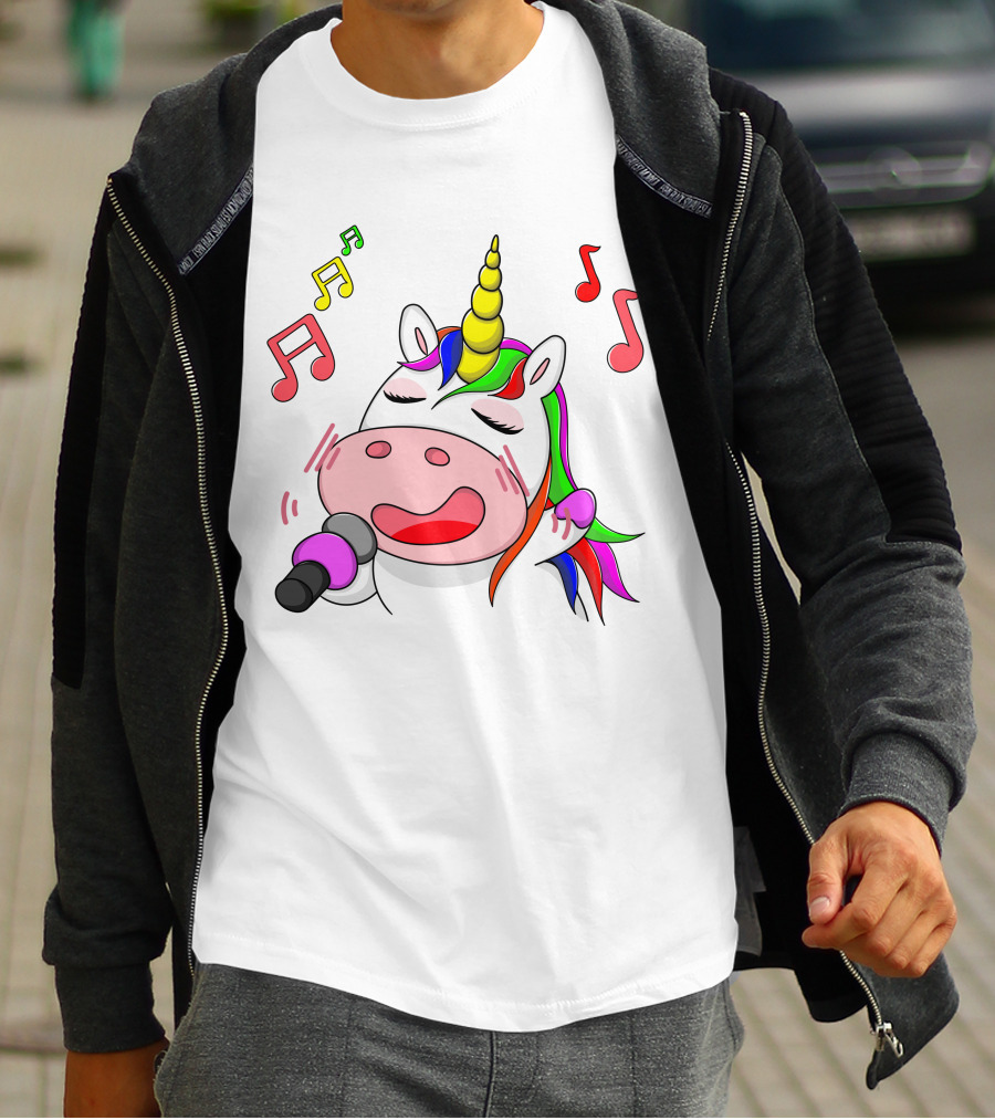 Unicorn Singing With Colorful Microphone And Musical Notes T-Shirt