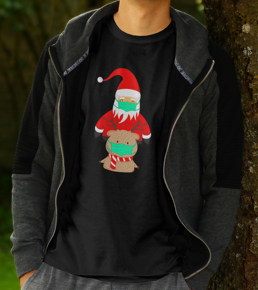 Santa Claus And Reindeer Wearing Masks T-Shirt