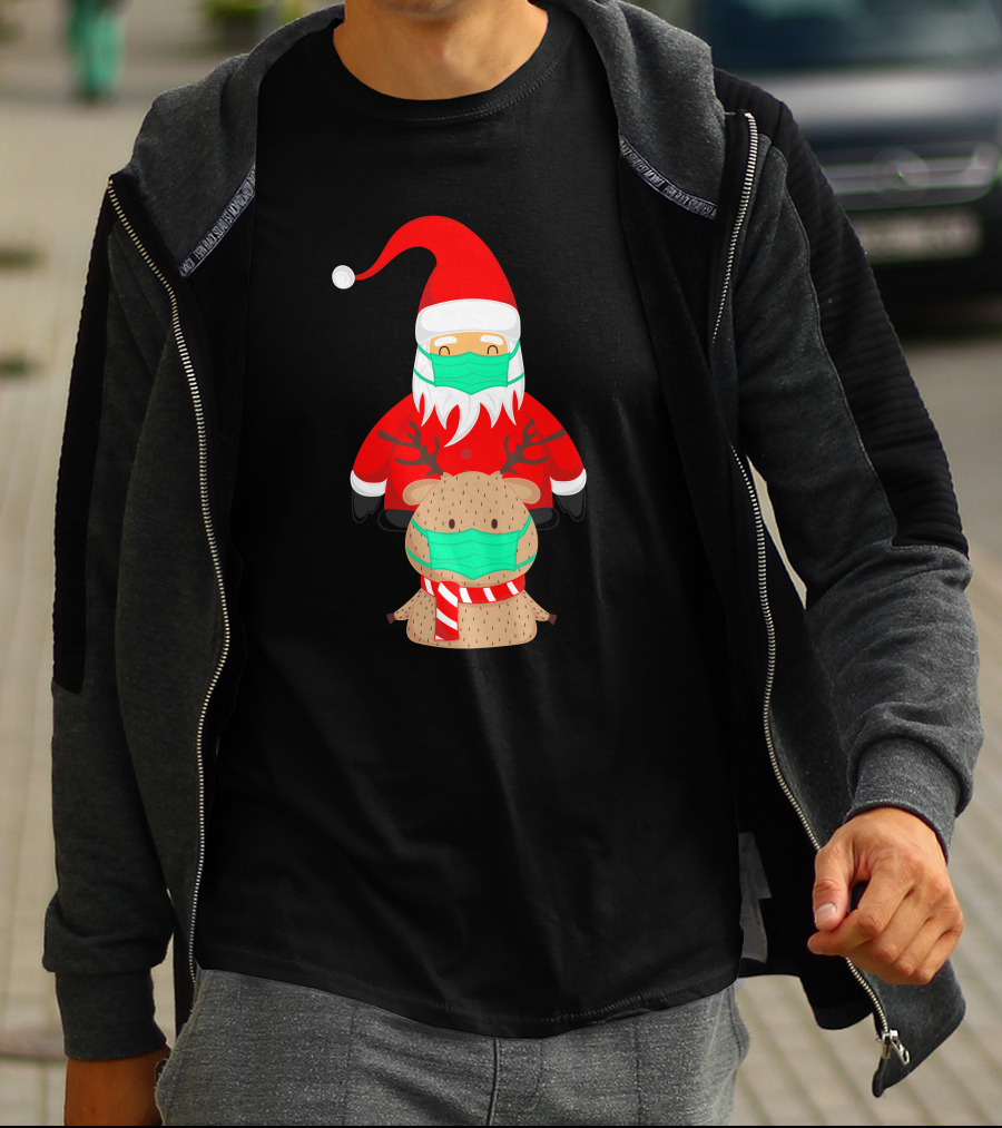 Santa Claus And Reindeer Wearing Masks T-Shirt