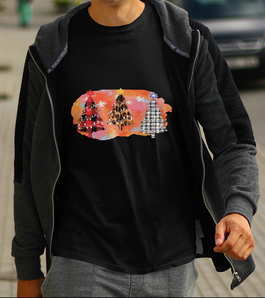 Plaid And Lights Christmas Trees With Stars On Watercolor Background T-Shirt