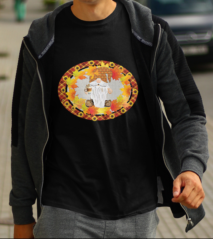 Fall Gnome With Coffee Mug Surrounded By Autumn Leaves And Sunflowers T-Shirt