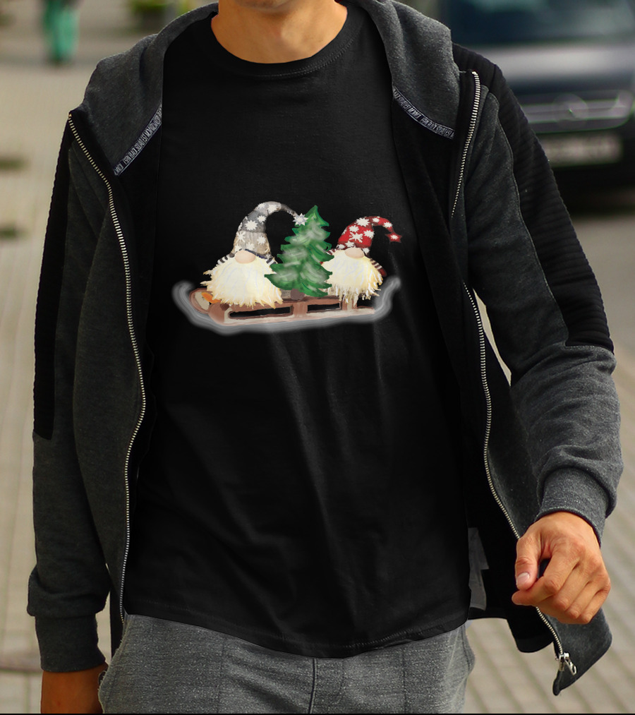 Gnomes On Sleigh With Christmas Tree And Snowflake Hats T-Shirt