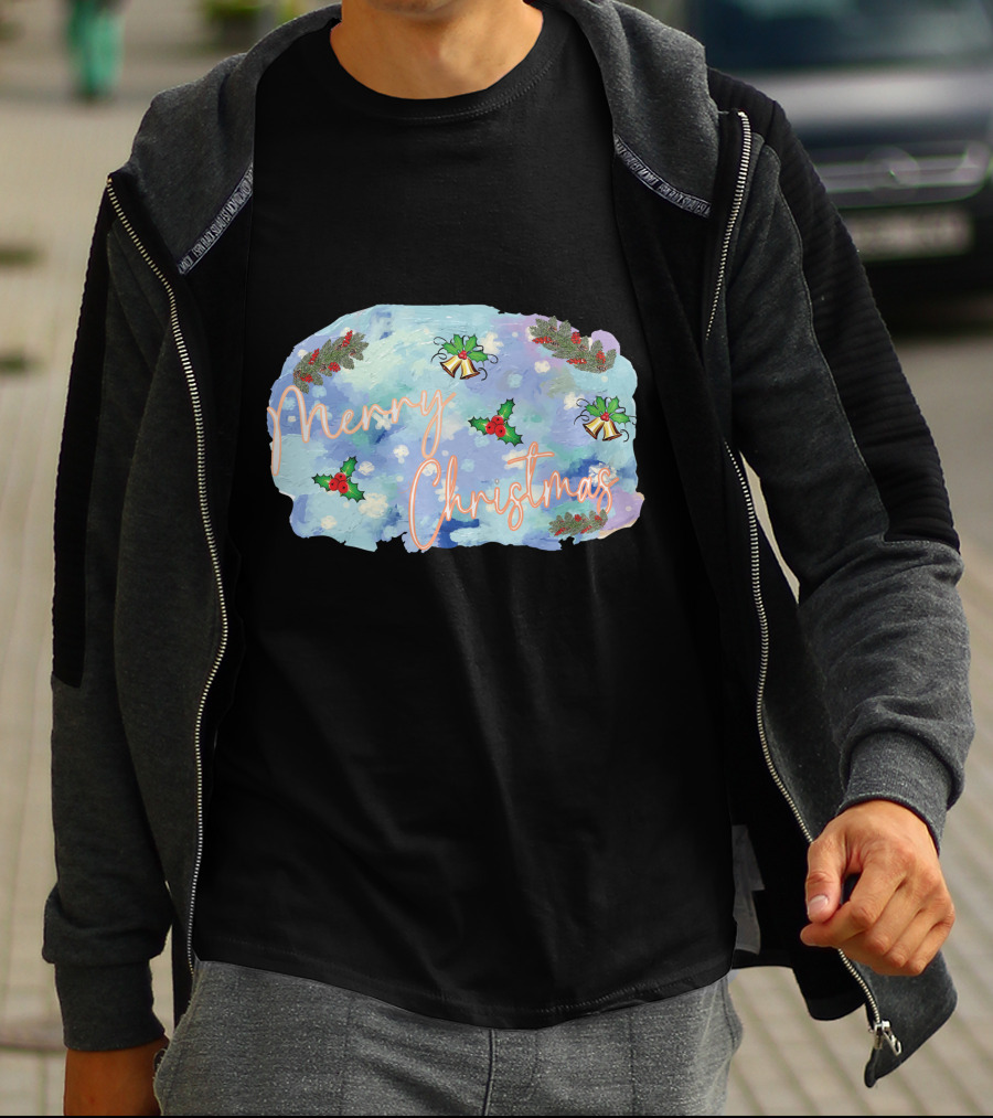 Merry Christmas Watercolor Holly And Bells T-Shirt