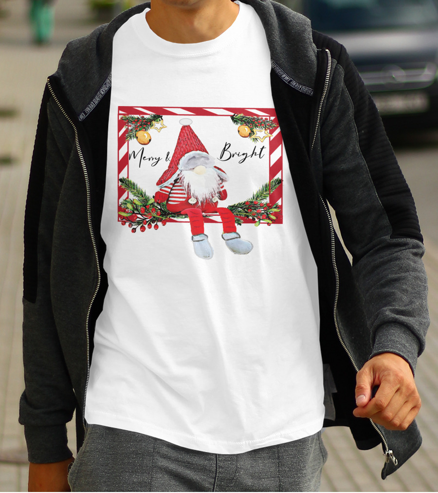 Merry And Bright Gnome Candy Cane Christmas Holiday T-Shirt