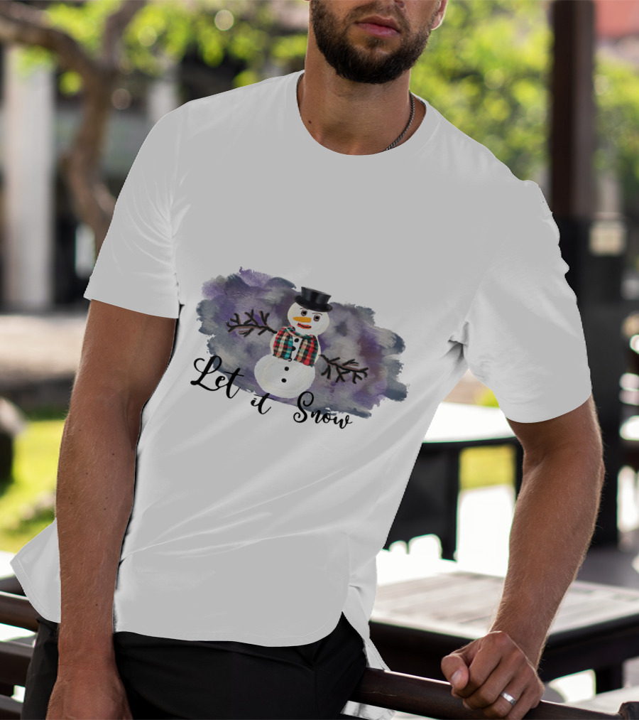 Let It Snow Hand Drawn Snowman Plaid Scarf Top Hat T-Shirt