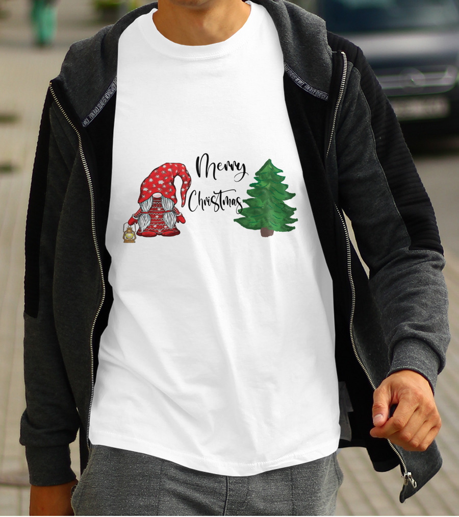 Merry Christmas Gnome With Lantern And Pine Tree T-Shirt