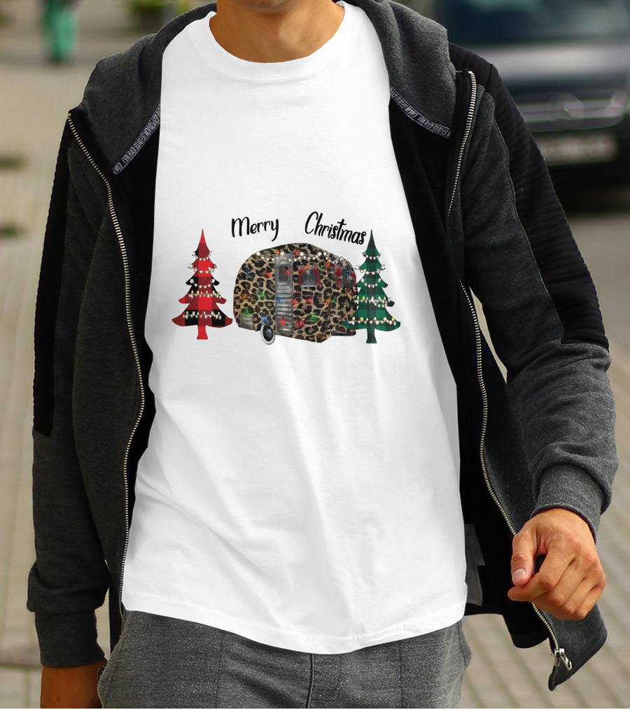 Merry Christmas Leopard Trailer With Festive Trees T-Shirt