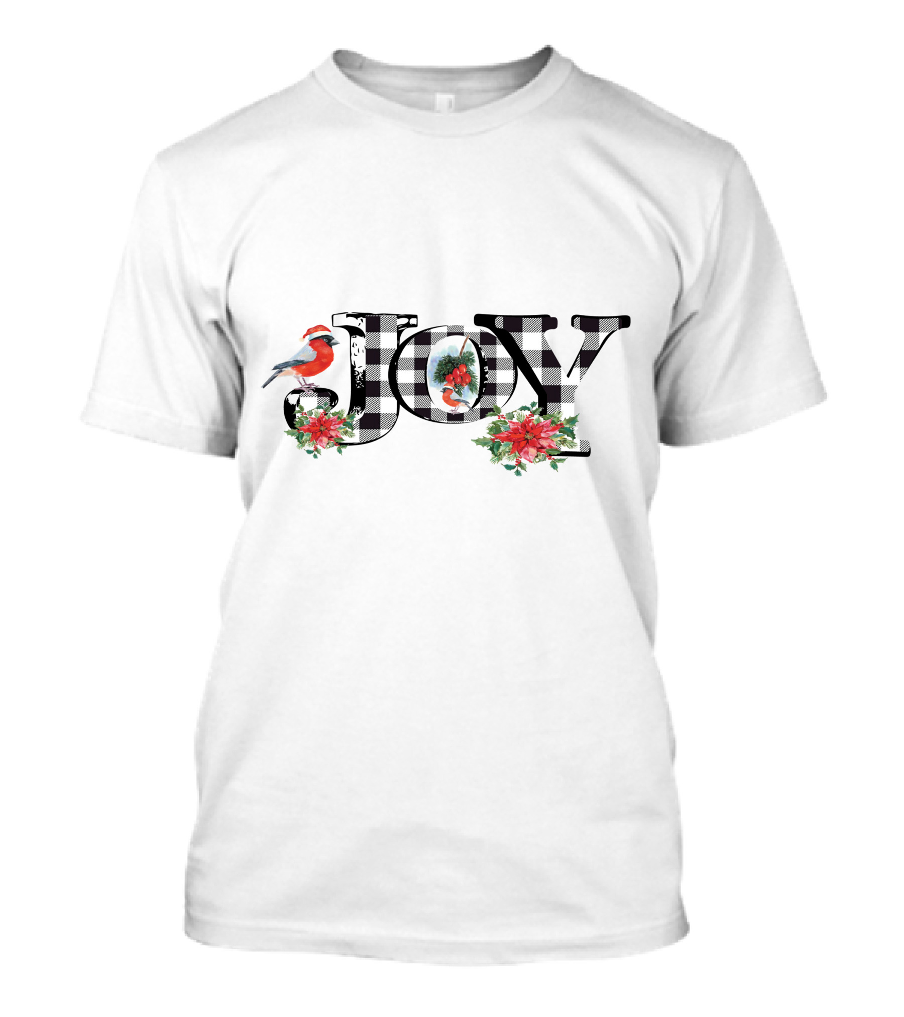 Plaid Joy Cardinal Poinsettia Christmas T-Shirt