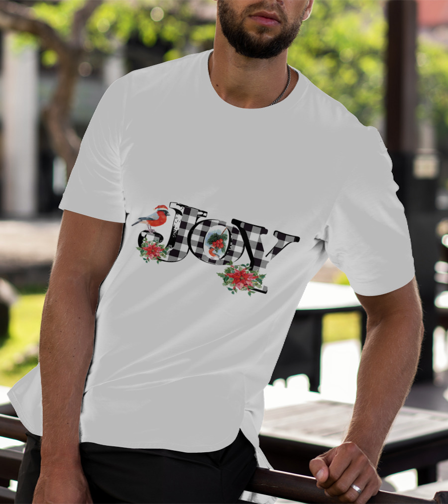 Plaid Joy Cardinal Poinsettia Christmas T-Shirt