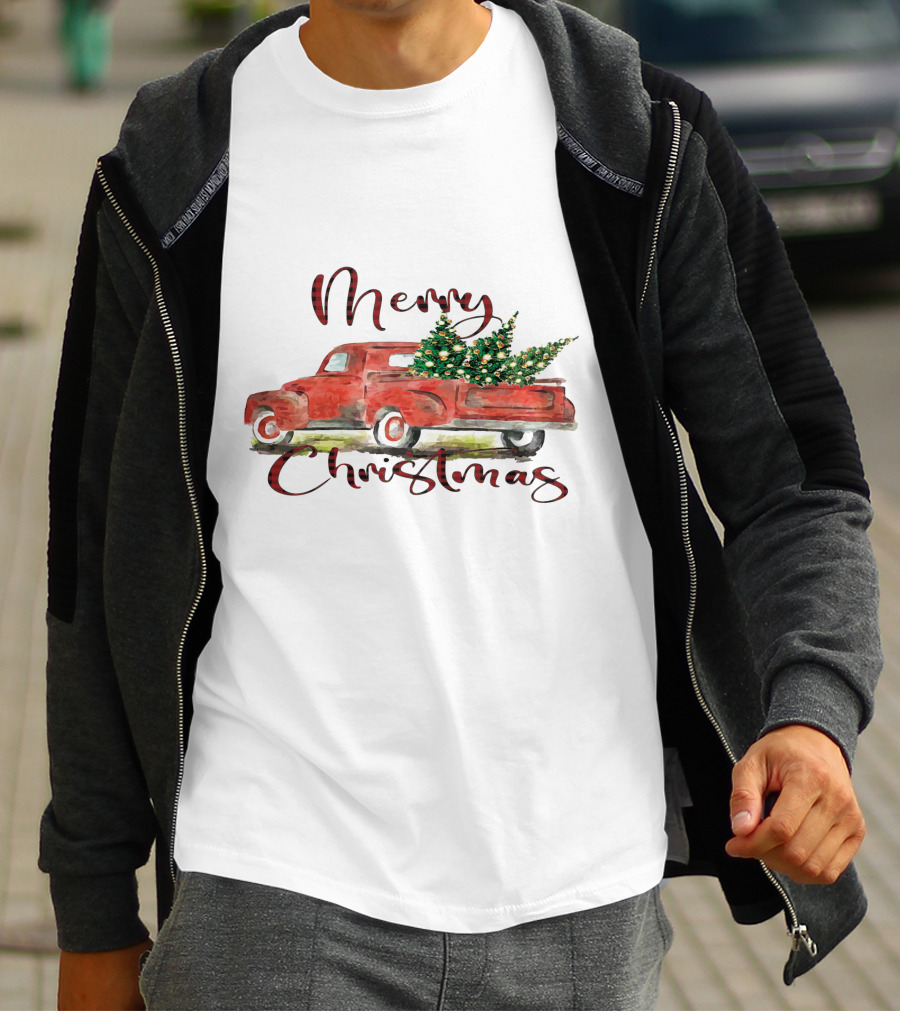 Merry Christmas Red Truck With Festive Tree T-Shirt