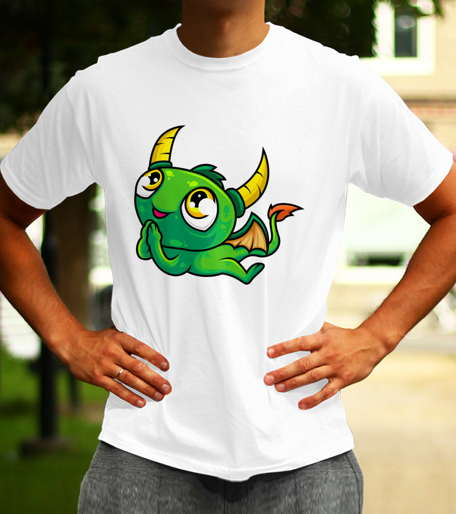 Cute Green Dragon Kawaii Cartoon Character With Horns And Wings T-Shirt