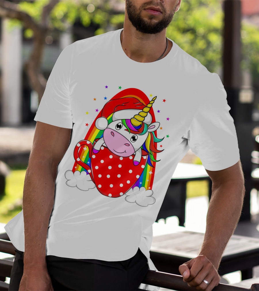 Unicorn In Santa Hat With Rainbow And Red Polka Dot Cup T-Shirt