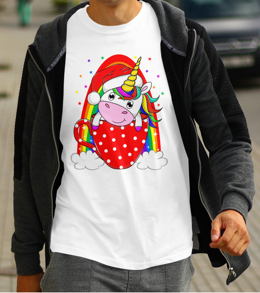 Unicorn In Santa Hat With Rainbow And Red Polka Dot Cup T-Shirt
