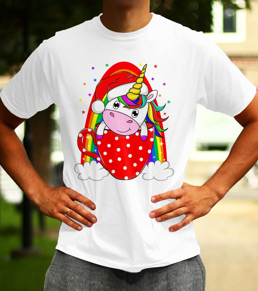 Unicorn In Santa Hat With Rainbow And Red Polka Dot Cup T-Shirt