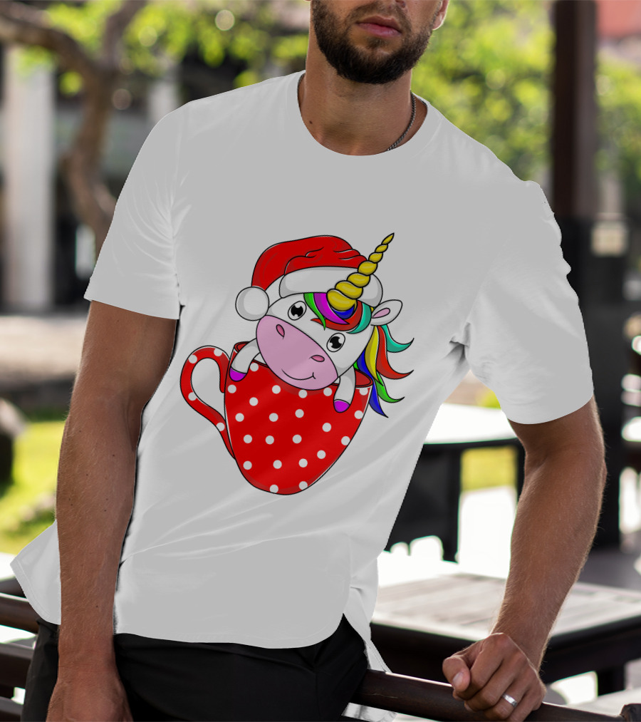 Santa Hat Unicorn In Polka Dot Red Cup T-Shirt