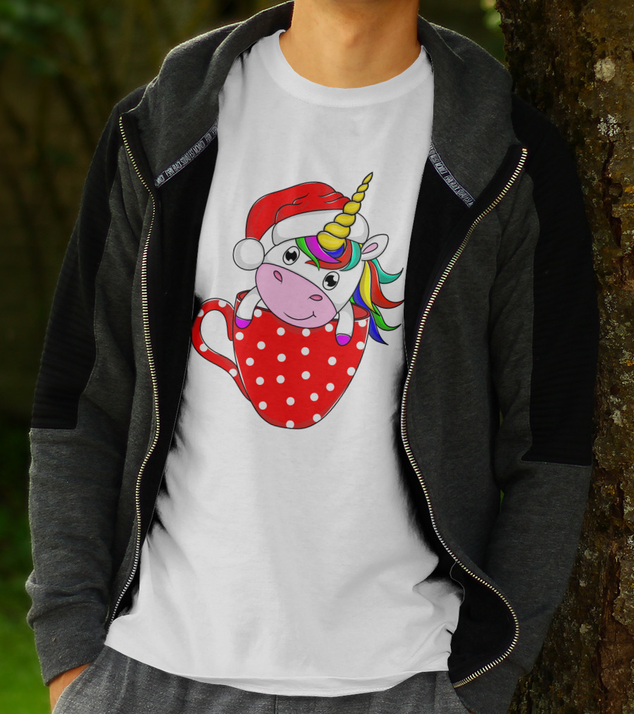 Santa Hat Unicorn In Polka Dot Red Cup T-Shirt