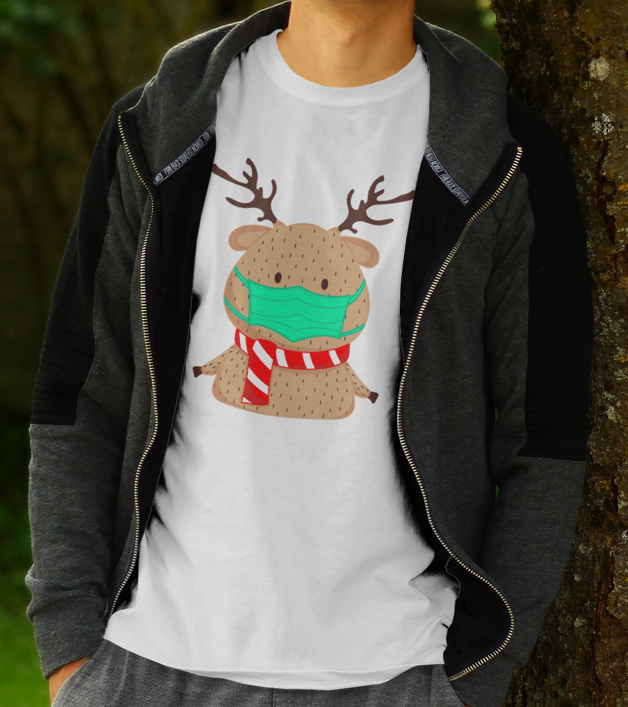 Reindeer Wearing Green Face Mask And Red White Scarf T-Shirt